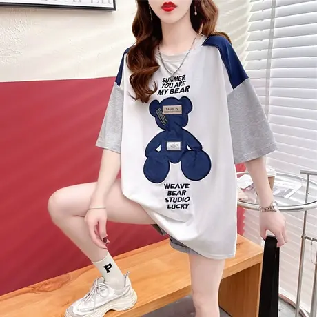 设计感小众短袖t恤女夏装韩版宽松大码中长款下衣失踪撞色上衣服图片