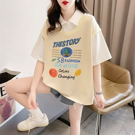 小众设计感短袖t恤女夏季韩版宽松大码女装polo领假两件上衣服潮商品大图