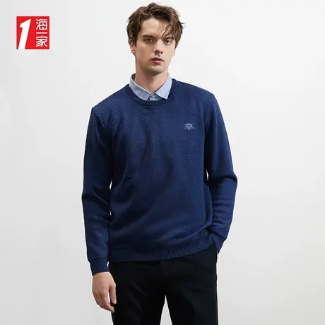 海一家商务休闲套头衫保暖加绒绣花双领针织衫图片