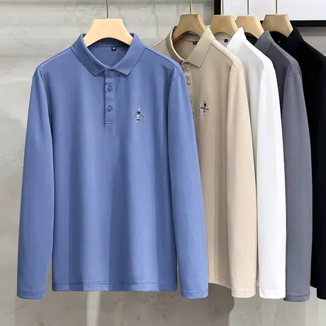 polo衫男长袖T恤商务翻领t恤2023新款春秋丝光珠地薄款打底衫潮流商品大图
