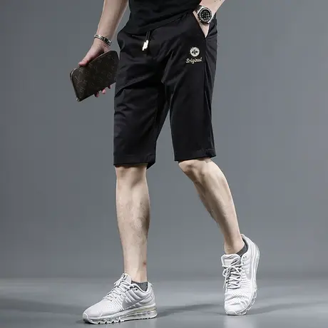 黑色冰丝休闲短裤男新款男士潮牌刺绣弹力五分弹力松紧腰时尚裤子商品大图