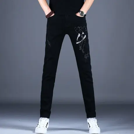 2023新款黑色破洞烫钻牛仔裤男高端潮牌春秋休闲裤子修身小脚男款商品大图