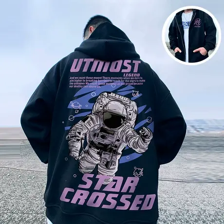 大码潮牌潮流宇航员加绒加厚连帽卫衣开衫情侣装春秋款拉链男外套商品大图