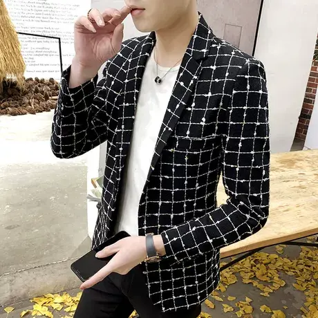 男士小西装修身外套韩版休闲英伦风格子西服单西上衣春秋帅气潮流商品大图