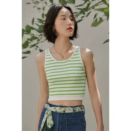 弥古外穿小吊带女夏季百搭针织背心修身短款绿色条纹内搭打底上衣图片