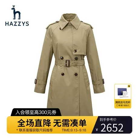 【商场同款】Hazzys哈吉斯宽松中长款风衣女休闲春季英伦流行外套图片