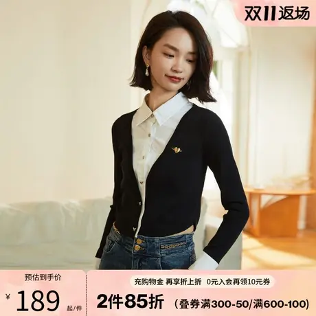 阿依莲假两件衬衫式针织开衫秋季2023新款女装短款长袖甜辣小上衣图片