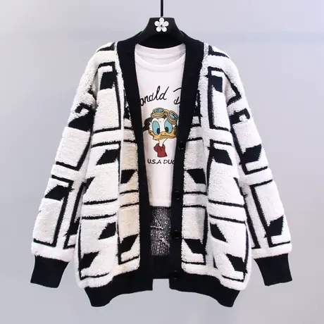 撞色菱形格单排扣毛衣外套女秋冬2023新款宽松慵懒风加厚针织开衫图片