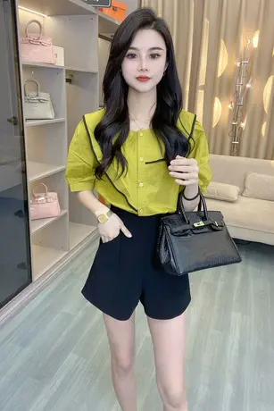 殴货法式荷叶边韩版衬衣女士潮2023夏季新款撞色洋气显瘦百搭小衫商品大图