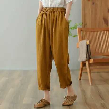 dza 高腰显瘦亚麻休闲裤女2023夏九分直筒裤萝卜裤宽松棉麻哈伦裤商品大图