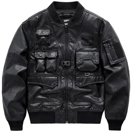 VIP机车皮衣男假两件飞行员皮夹克潮牌棒球服机能多口袋工装外套图片