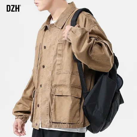 男士卡其色工装外套男春秋季潮牌宽松美式复古夹克男款2023年新款商品大图