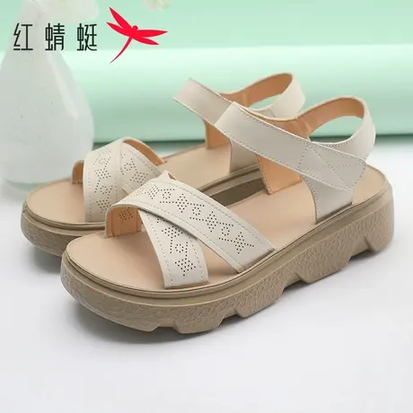 红蜻蜓女鞋2025夏季新款休闲平底妈妈单鞋舒适厚底魔术贴露趾凉鞋图片