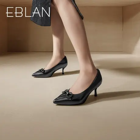 伊伴春季复古优雅女鞋细跟通勤尖头真皮高跟鞋单鞋B22432001商品大图