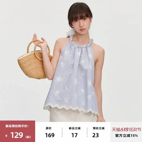 omont蛋挞家复古挂脖度假感背心吊带2025夏宽松漏背显瘦无袖上衣图片