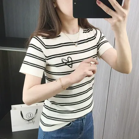 条纹短款针织正肩短袖t恤女夏2024新款设计感小众小个子上衣体恤商品大图