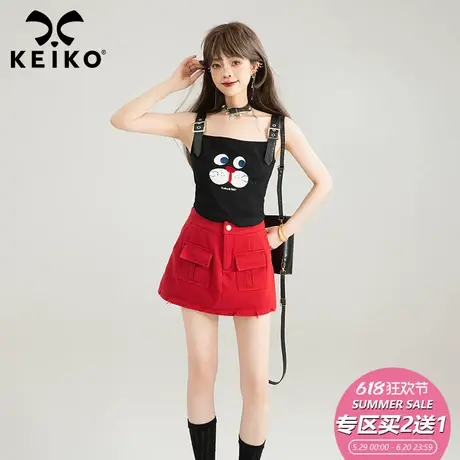 KEIKO 猫脸刺绣黑色小背心25夏季甜酷风外穿皮质肩带修身吊带上衣图片