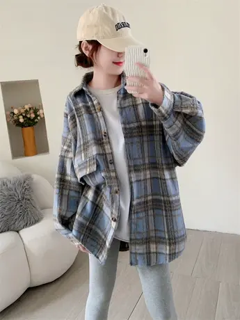 中长款复古加厚磨毛格子衬衫女秋冬2023新款韩版宽松洋气外套上衣商品大图