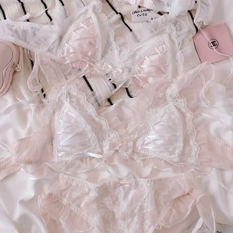 doll系审美~少女纯欲蕾丝三角杯内衣兔耳胸垫薄款洛丽塔文胸套装图片