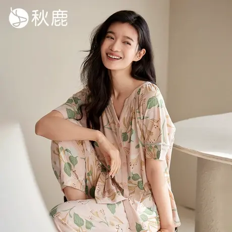 秋鹿V领显瘦唯美印花纯棉睡衣女2025夏新款高级感短袖薄款家居服商品大图