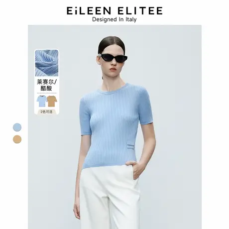 朗姿欧洲EiLEEN ELITEE2025年春季莱赛尔圆领短袖针织衫醋酸上衣图片