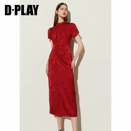 DPLAY夏新中式红色国风缎面提花订婚改良旗袍连衣裙女长裙图片