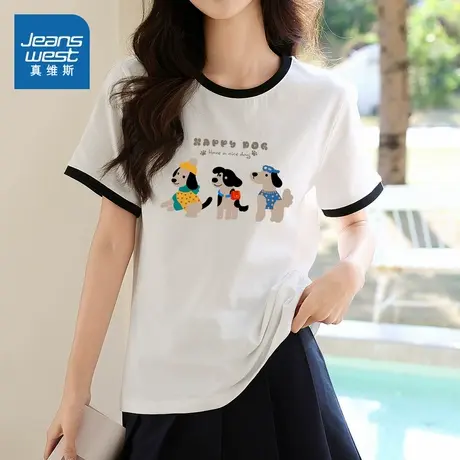 YD真维斯女装2025夏季新款可爱动物卡通印花舒适纯棉针织短袖T恤商品大图