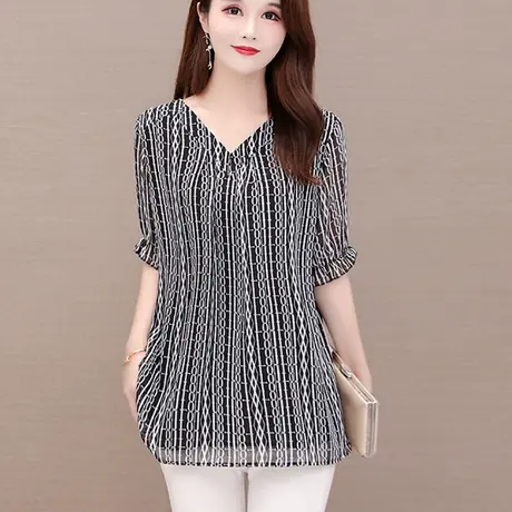 2023年新款夏季洋气妈妈装中长款雪纺衫上衣大码宽松遮肚短袖衬衫商品大图