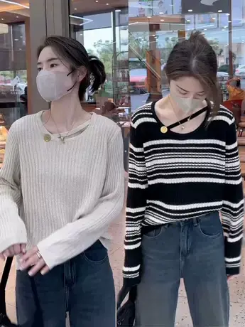 2023秋季新款别致圆领百搭宽松显瘦时尚设计感法式拼色长袖针织衫图片