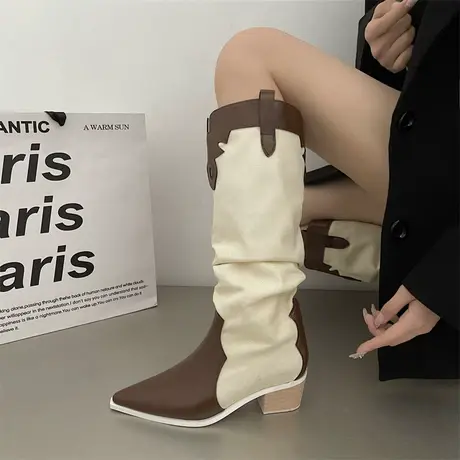 气质显瘦长靴女2023新款夏季爆款拼色靴子时尚不过膝复古风长筒靴图片