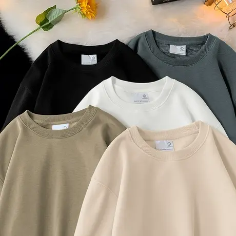 320g重磅圆领卫衣男士秋冬款加绒加厚套头上衣服纯色无帽长袖t恤商品大图