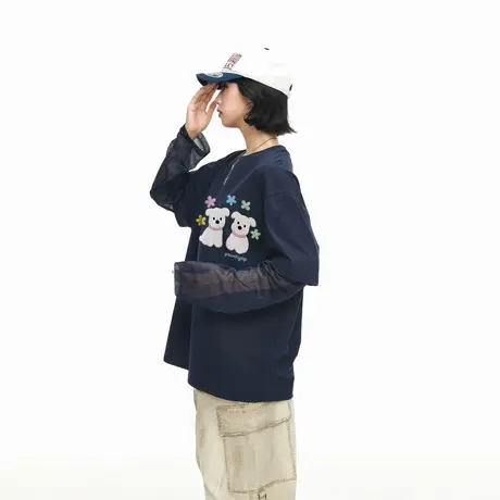 美式潮牌网纱拼接假两件设计长袖T恤女秋季新款宽松显瘦套头上衣商品大图
