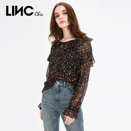 LINC金羽杰夏季新品复古荷叶边装饰碎花雪纺小衫女宽松921609Y图片