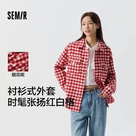 森马外套女中长款格子粗花呢上衣时尚气质春复古翻领红色衣服炸XY图片