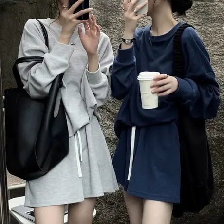 秋天两件套休闲运动时尚宽松套装女夏秋季2021新款长袖卫衣短裤潮商品大图