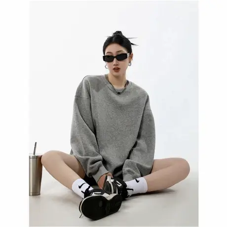 美式重磅圆领灰色卫衣女早秋季2025新款宽松慵懒纯色套头外套上衣商品大图