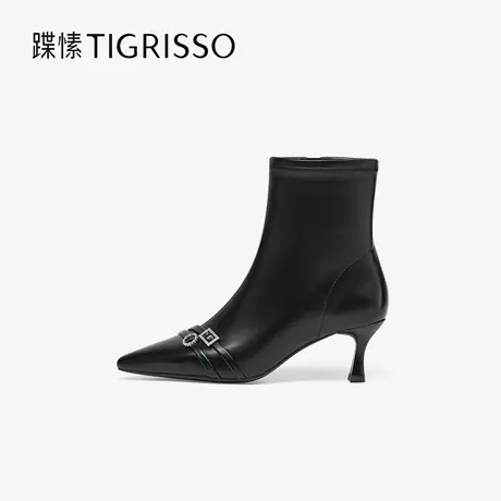 蹀愫25冬季新款尖头羊皮双条带时装靴细跟增高6CM短靴TA65715-51商品大图