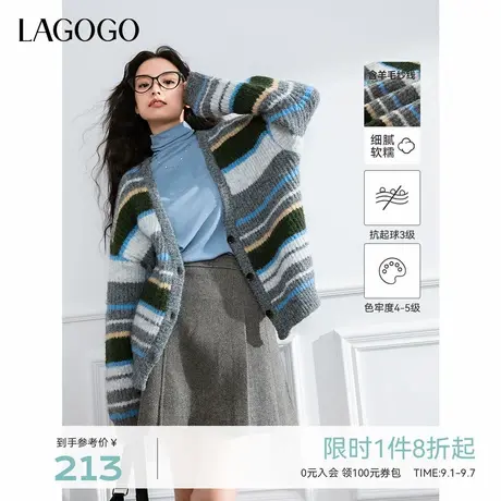 【抗起球】LAGOGO宽松针织外套女拉谷谷2024年冬新款撞色条纹毛衣商品大图