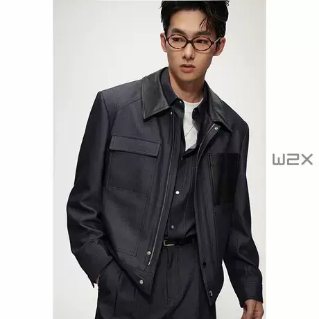 w2x2025春秋季新款拼接PU皮多袋款仿牛仔夹克外套男设计感上衣潮商品大图
