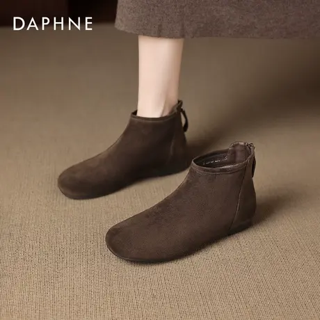 达芙妮棕色羊绒短靴女2026秋冬季新款复古瘦瘦靴加绒法式软底踝靴图片