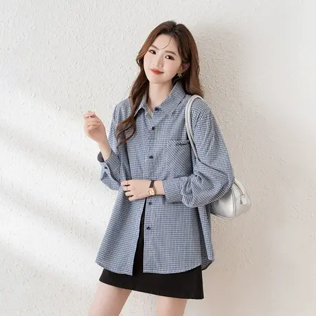唐狮新款长袖衬衫女格子复古日系字母刺绣翻领百搭休闲上衣blTM图片