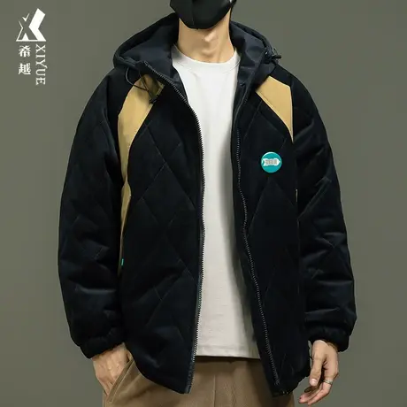 希越3D立体条绒连帽棉衣外套男冬季美式潮牌宽松刺绣印花青年棉袄商品大图