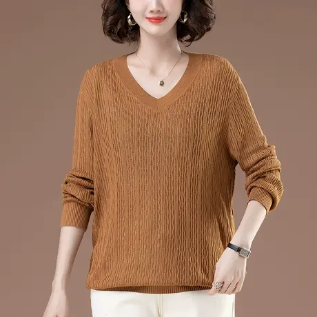 v领针织打底衫女春秋季薄款宽松加大码女装中年妈妈洋气长袖毛衣商品大图