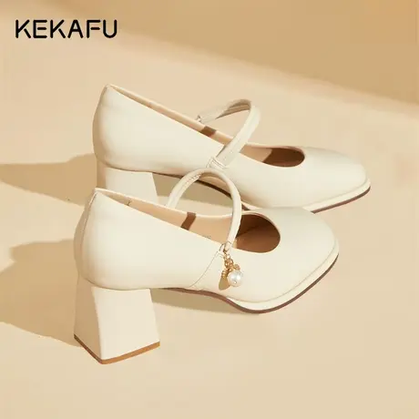 珂卡芙高跟鞋2023新款秋季设计感小众白色法式粗跟单鞋玛丽珍女鞋图片