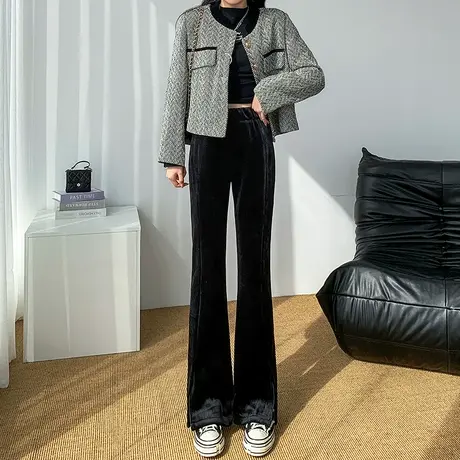 灯芯绒喇叭裤女秋冬加绒高腰显瘦小个子窄版阔腿雪尼尔开叉微喇裤商品大图