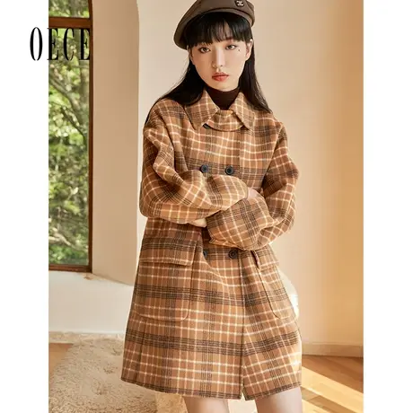 【买1送1】Oece复古格子毛呢外套冬新款女韩版中长款双面呢子大衣商品大图