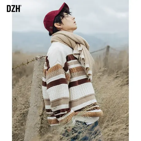 男士撞色条纹毛衣男慵懒风软糯宽松2023新款潮秋冬打底长袖针织衫商品大图