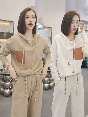 欧货宽松拼色连帽毛衣女2023秋季时尚洋气休闲设计感加厚帽衫外套图片