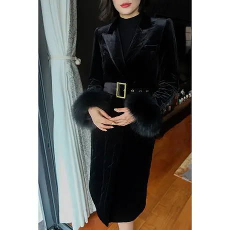 2023秋冬新款复古气质优雅丝绒毛毛袖系带显瘦修身长款棉服棉衣商品大图