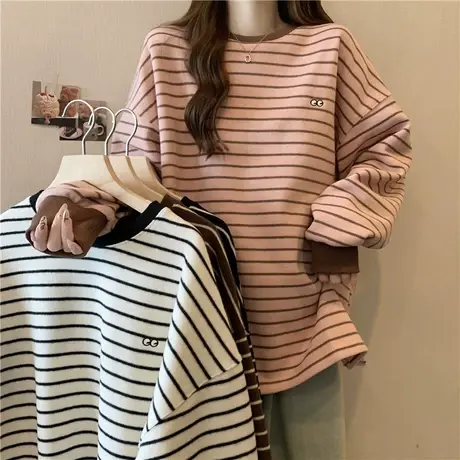 中长款条纹长袖T恤女秋冬内搭德绒保暖打底衫宽松加绒加厚上衣潮商品大图